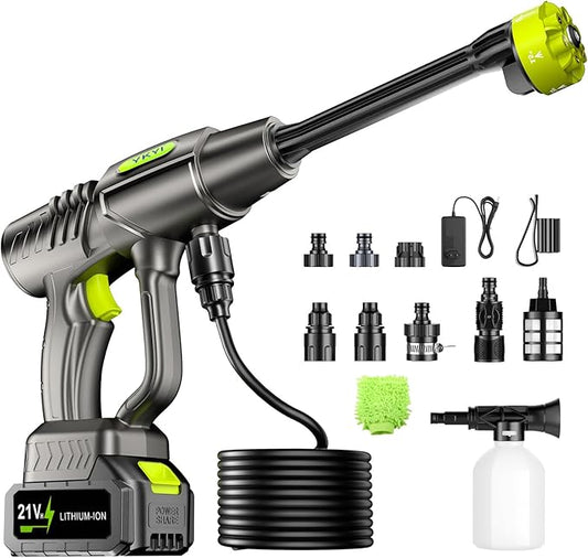 YKYI Cordless Water Spray Cleaning Tool, Battery Powered with 30 Speed Levels, Handheld Portable Sprayer with 6-in-1 Nozzle, 24FT High-Elastic Hose for Car, Garden, Patio Cleaning (Silver Gray)
