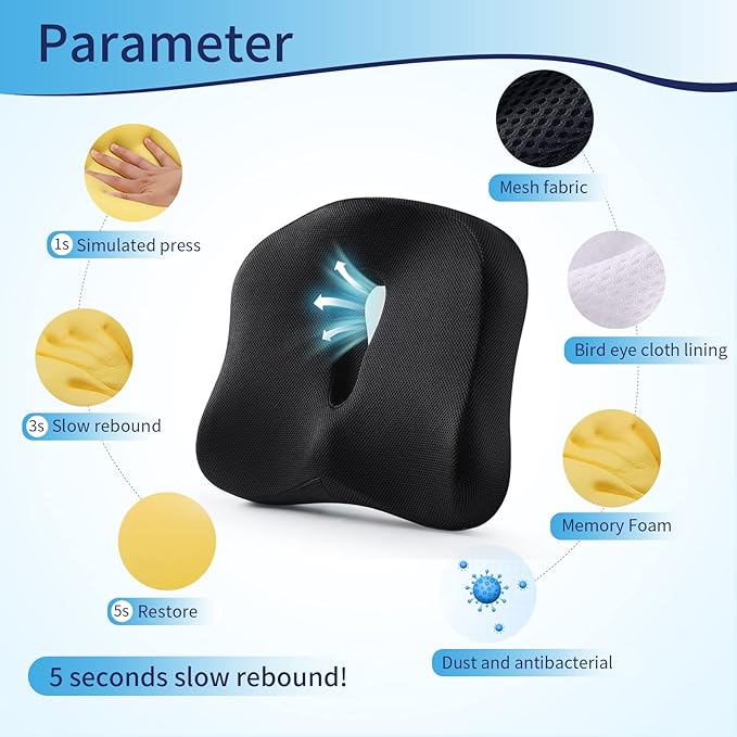 Memory Foam Seat Chair Cushion for Relieves Back Sciatica Pain Tailbone Pain Coccyx Degenerating Disc Orthopedic Osteoarthritis Prostate Cushion Low Back Pain Cushion Hip Shaping (Black mesh)