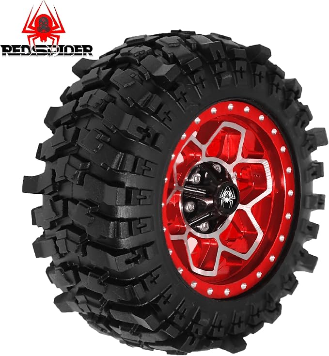 REDSPIDER Metal 1.9'' Beadlock Wheels and Crawler Tires OD 88MM/3.46'' (4PCS) for 1/12 RC Crawler MJX H12Y+ MN-128 MN82S LC79 ﻿ (Red)