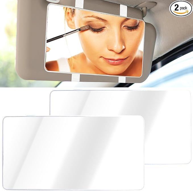 2 PCS Car Sun Visor Mirror, Cosmetic Makeup Mirrors with Straps, HD Car Interior Cosmetic Mirror, Car Accessories Universal Sun Visor Mirrors for Trucks, Cars, SUVs (White)