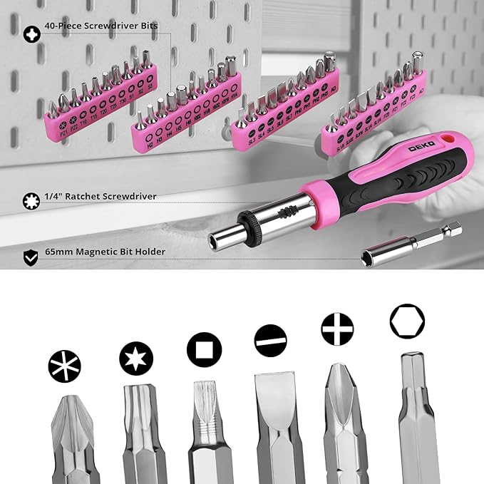 DEKOPRO Tool Set: 228 Piece Home Tool Kit, Household Basic Repair Tool Set Comes with Storage ToolBox, Socket Wrench Set for Car, Hand Tool Box Set for Home - Pink