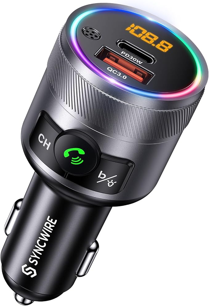 Syncwire Bluetooth 5.4 FM Transmitter for Car, 38W PD&QC3.0 Dual USB Charging Bluetooth Car Adapter Microphone & Bass Sound MP3 Music Player FM Kit with Hands-Free Calling