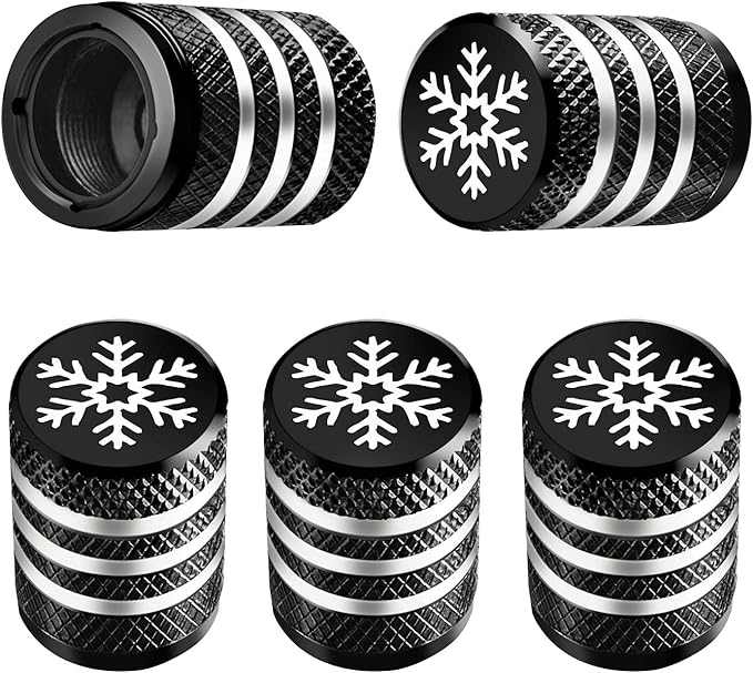 Tire Valve Stem Cap Cover - (5 Pack) Tire Air Caps Metal with Plastic Liner Corrosion Resistant Leak-Proof Snow Snowflake for Car Motorcycle Bike Black