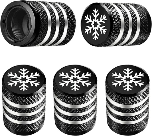 Tire Valve Stem Cap Cover - (5 Pack) Tire Air Caps Metal with Plastic Liner Corrosion Resistant Leak-Proof Snow Snowflake for Car Motorcycle Bike Black