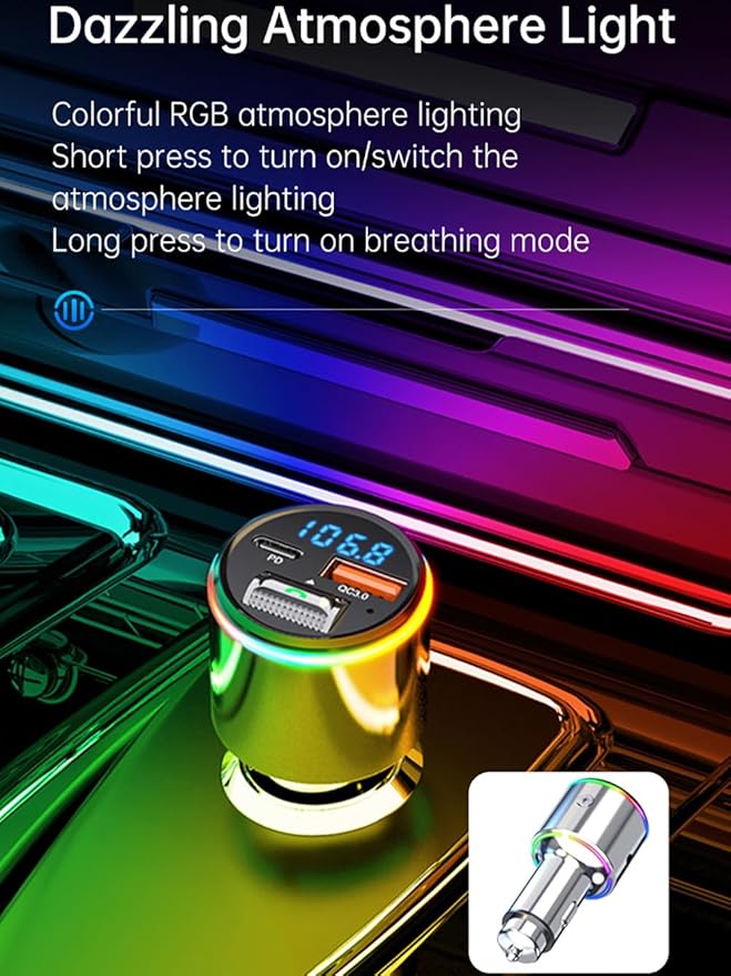 Upgraded V5.3 FM Bluetooth Transmitter Car, Full Metal Bluetooth Car Adapter, Hi-Fi Bass Sound, PD 30W & QC 18W, Handsfree Calls, 7 LED Colors, AUX Output