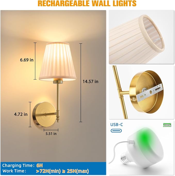 NIORSUN 14.5 inch Battery Operated Wall Sconce Set of 2,Beige Gold Rechargeable Wall Lights with 10400mAh Dimmable Bulbs and Remote,10 Colors Wireless Wall Lamps for Bedroom Living Room