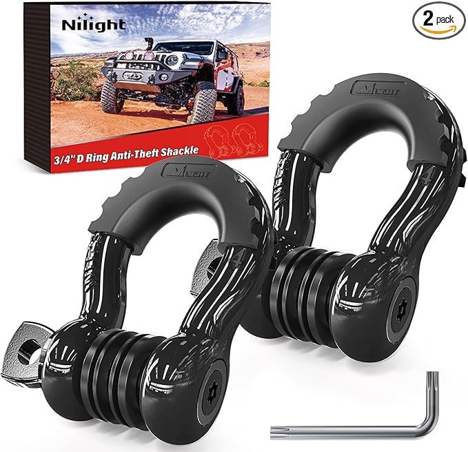 Nilight 3/4 inch D Ring Shackle 2 Pack 19T (41,887 lbs) Break Strength 4.75T WLL Heavy Duty Towing Hook with Anti-Theft System Anti-Rattle Isolators for Truck Jeep SUV ATV UTV Recovery Black