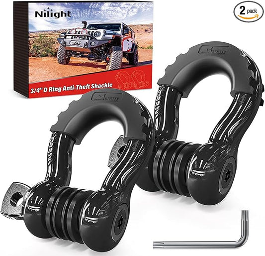 Nilight 3/4 inch D Ring Shackle 2 Pack 19T (41,887 lbs) Break Strength 4.75T WLL Heavy Duty Towing Hook with Anti-Theft System Anti-Rattle Isolators for Truck Jeep SUV ATV UTV Recovery Black