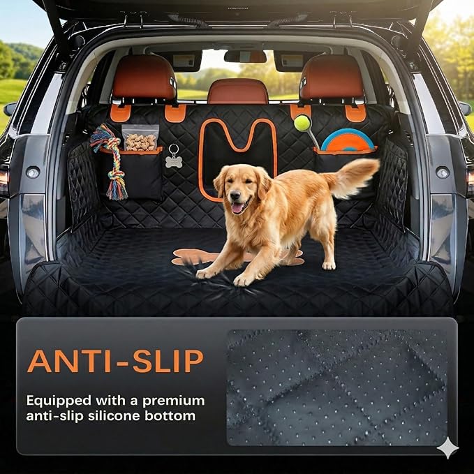 SUV Cargo Liner for Dogs, 100% Waterproof PU Leather Dog Trunk Cover for SUV with Bumper Flap & Side Walls, Heavy Duty Pet Cargo Protector, Fit for Most Mid-Size Large SUVs (Bone Pattern, L)