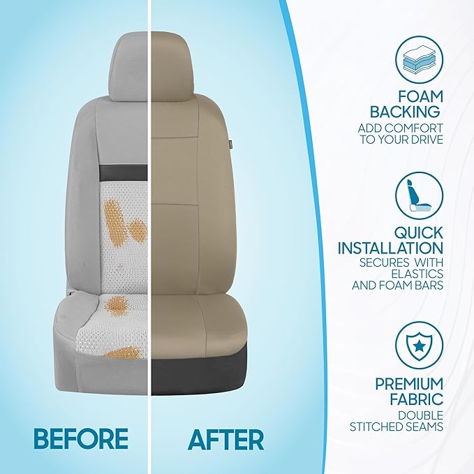 BDK PolyPro Car Seat Covers Full Set in Solid Beige, Front and Rear Split Bench Seat Covers for Cars, Easy to Install Car Seats Cover Set and Accessories for Auto Trucks Van SUV - Solid Beige