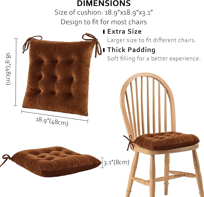 ELFJOY Set of 4 Square Chair Pads Indoor Seat Cushions Pillows with Ties Thick Soft Seat Cushion for Kitchen Dining Office Chair (18", Coffee)