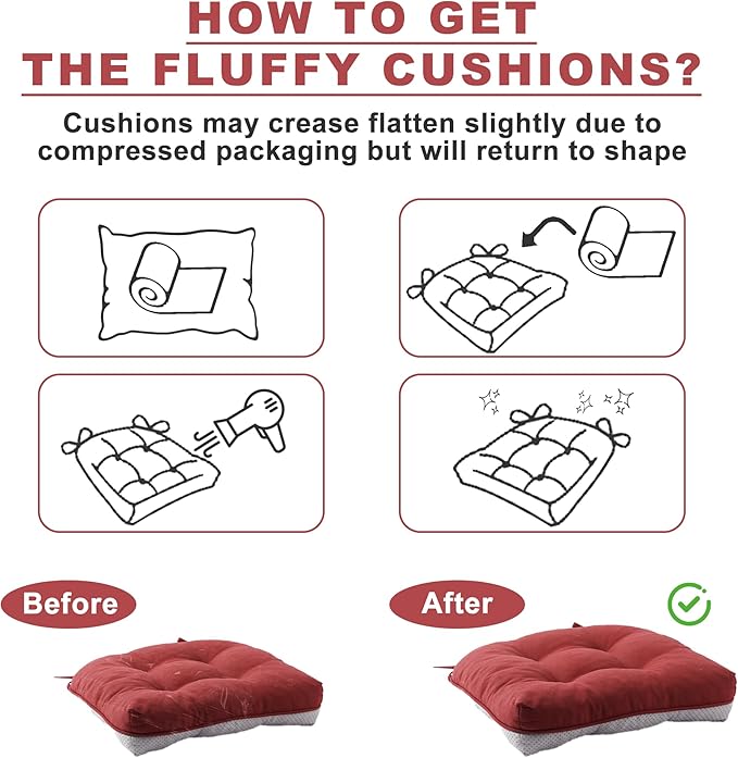Battilo Chair Cushions Set of 4 for Dining Chairs, Seat Cushions for Kitchen Chairs with Non-Slip Backing, Indoor/Outdoor Waterproof Chair Seat Pads with Ties, 15.5"x15.5"x4", Red
