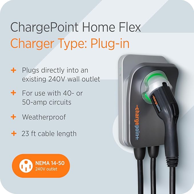 ChargePoint HomeFlex Level 2 EV Charger J1772 - Fast Smart Battery Power Charging at Home for Electric Automobile Vehicles - NEMA 14-50 Plug for Electric Car