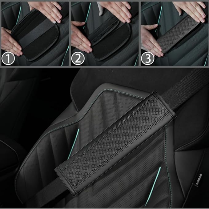 NBTEPEM 6 PCS Car Steering Wheel Cover Set, Microfiber Leather Steering Wheel Covers Universal 14.5-15 inch, Center Console Cover, Seat Belt Cushion, Cup Holder Coaster, Car Accessories Set Black