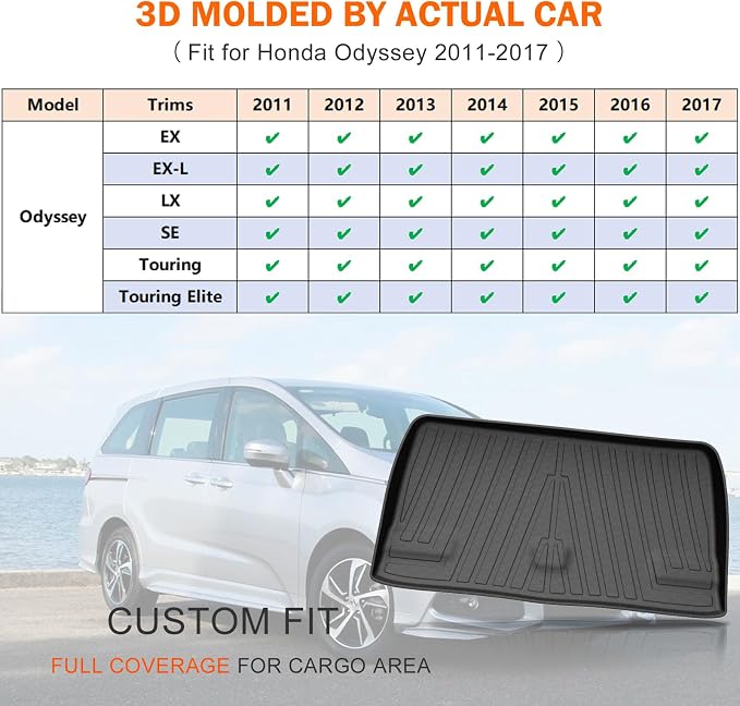 KUST Trunk Cargo Mat for Honda Odyssey 2011-2017, Rear Cargo Trunk Liner All Weather Cover for Odyssey Accessories TPE Rubber Raised Edge