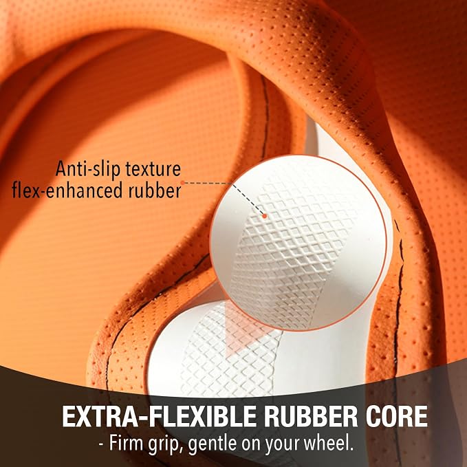 PINCTROT Large Size Nappa Leather Steering Wheel Cover with Ergonomic Palm Support Grip, Full Perforated Breathable, Slim Fit No Bulk Design,15.5-15.75 Inch(Hot Orange)