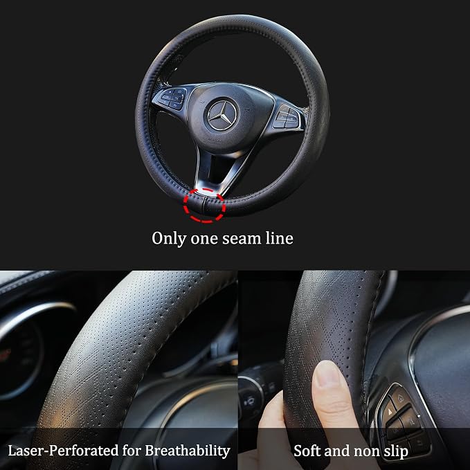Black Genuine Leather Car Steering Wheel Cover Men Women,Cowhide Wheel Cover,Soft,Breathable,Anti-Slip,Luxury Steering Wheel Cover,Universal Standard Size 14.5-15 inch(M)
