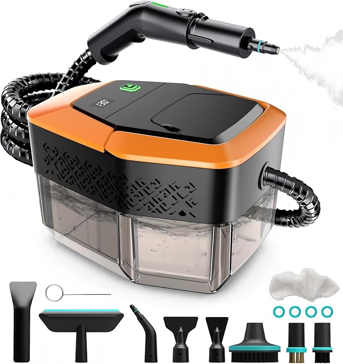Steam Cleaner, 3-Level Adjustable Handle, 15s Heat-Up, Steamer for Cleaning With 1.8L Large Tank, Dry Burn Protection, Handheld Steam Cleaner for Home, Bathroom, Tile, Grout,Car with 12pcs Accessories