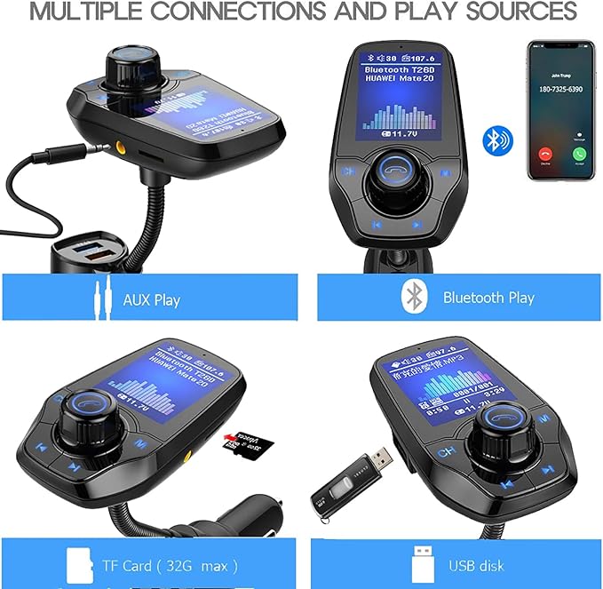 Bluetooth 5.0 FM Transmitter for Car, Wireless in-Car Radio Adapter Kit with Color Screen AUX Auto Music Adapter QC 3.0 USB Charger Voltage Detection