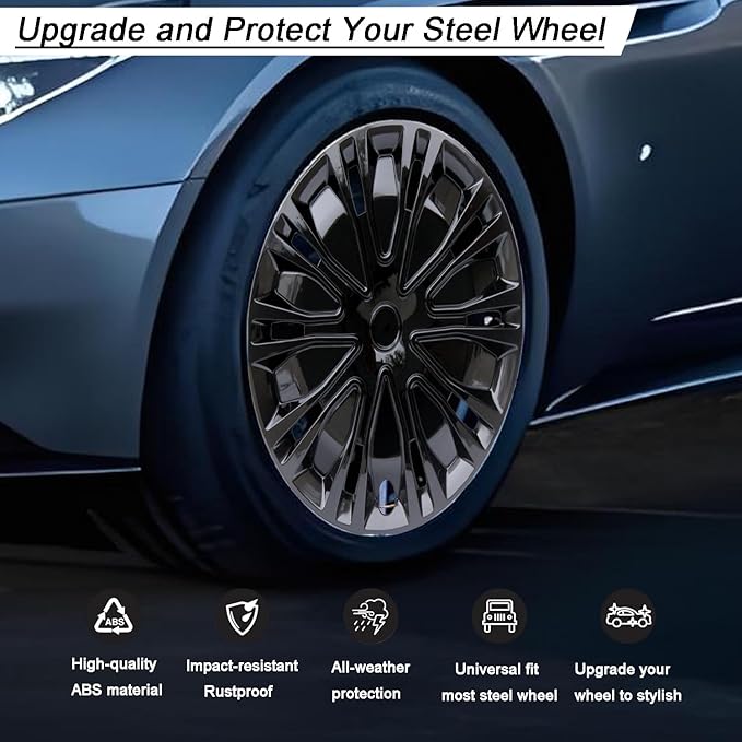 Hubcap Wheel Cover Replacement R15 Hub Caps Universal-Fit Steel Wheel Rim Cover ABS Material Exterior Accessories for Car Truck SUV -Set of 4（15-inch，Black）