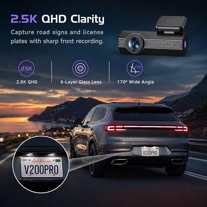 Dash Cam 2.5K Dash Cam Front, VEEMENT Dash Camera for Cars with APP, WiFi Control Dash Cams with WDR Night Vision, 24Hr Parking Mode, 170° Wide Angle, G-Sensor, Loop Recording