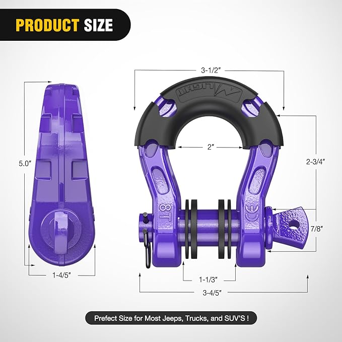 Nilight Heavy Duty Mega D-Ring Shackles(2 Pack) w/ 7/8″ Screw Pin & isolators, 68,000 lb Break Strength(17,000 lb WLL), Forged Steel Off-Road Recovery Shackles for Tow Strap & Winch Gear, Purple
