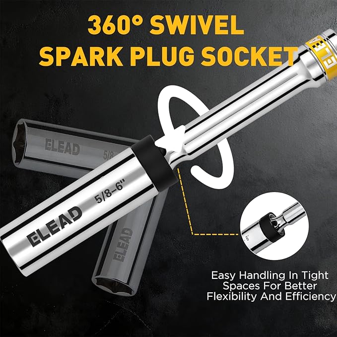 ELEAD 5/8" Swivel Magnetic Spark Plug Socket, 3/8" Drive x 6" Total Length, Thin Wall Spark Plug Removal Tool, 360 Degree Swivel, Enhanced Magnetic, 6-Point Design, Cr-V Steel