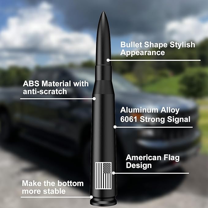 Car Truck Bullet Antenna with Tire Valve Caps American Flag Universal Short Replacement for GMC Sierra Chevy Silverado Dodge Ram 1500 2500 3500 Ford F150 F250 F350 Super Duty Accessories, Matte Black