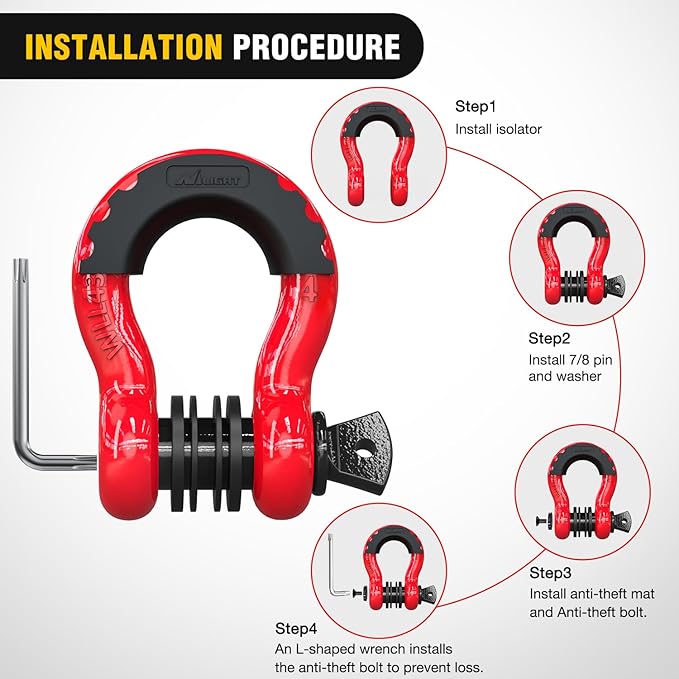 Nilight 3/4 inch D Ring Shackle 2 Pack 19T (41,887 lbs) Break Strength 4.75T WLL Heavy Duty Towing Hook with Anti-Theft System Anti-Rattle Isolators for Truck Jeep SUV ATV UTV Recovery Red