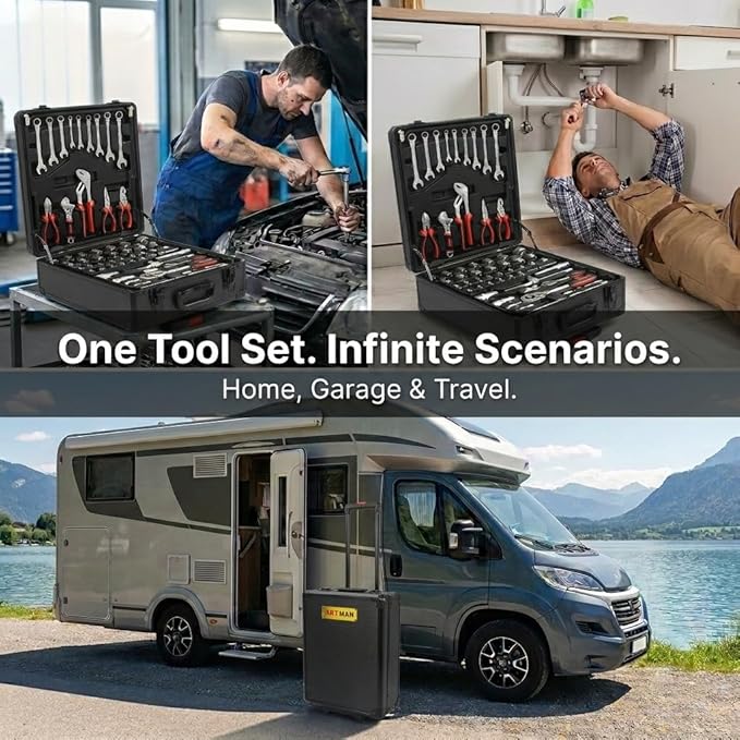 899-Piece Rolling Tool Cart, Complete Mechanics Tool Set with 4 Removable Trays, Portable Tool Chest for Home Repair, Household & Auto Garage, Professional-Grade Hand Tool Kit for DIYer, Black