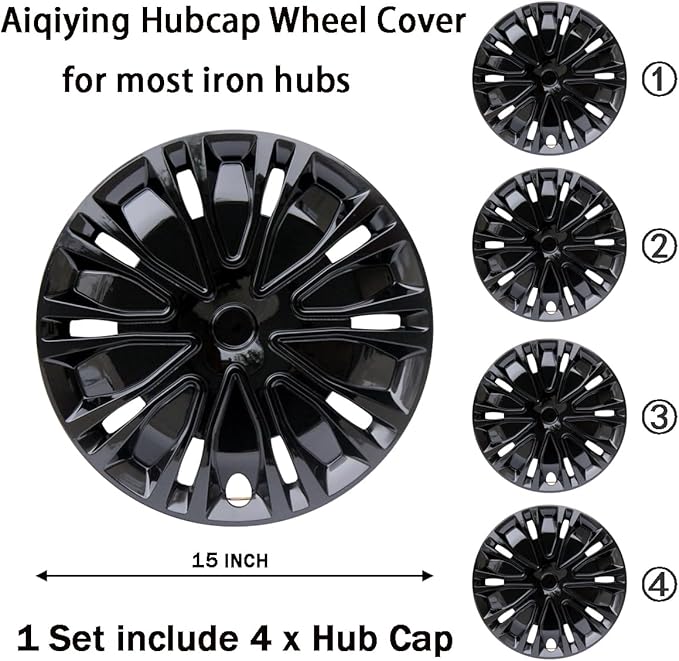 Hubcap Wheel Cover Replacement R15 Hub Caps Universal-Fit Steel Wheel Rim Cover ABS Material Exterior Accessories for Car Truck SUV -Set of 4（15-inch，Black）