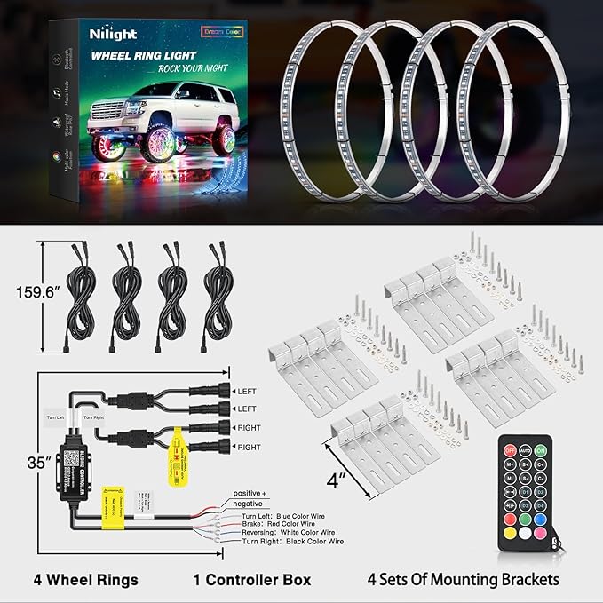 Nilight 4PCS 15.5inch Wheel Ring Lights Deram Color with APP and Remote Control Neon Lights Million Colors w/Turn Signal and Braking Function for Car Van SUV Truck