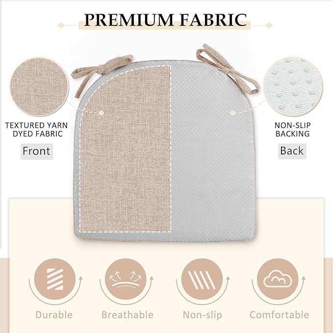 Wellsin Chair Cushions for Dining Chairs 6 Pack - Kitchen Chair Cushions with Ties and Non-Slip Backing - Dining Chair Pads 16"X16"X2", Oatmeal Beige