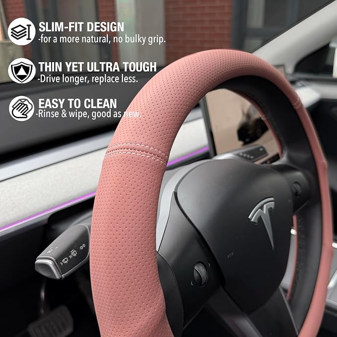 PINCTROT Supported Grip Nappa Leather Steering Wheel Cover for Tesla Model Y/3 Highland/Juniper, D Shaped 14 Inch Small Sized with Breathable Perforation, Flat Bottom 14 Inch(Maple Brown)