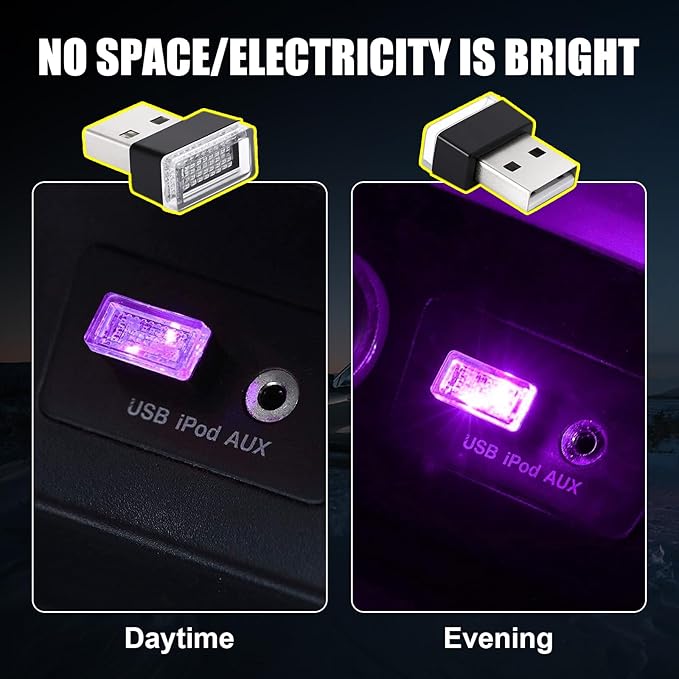 Ziciner 4 PCS USB LED Car Interior Atmosphere Lamp, Portable Mini LED Night Light, Plug-in USB Interface Trunk Ambient Lighting Kit, Universal Car Interior Accessories (Purple)