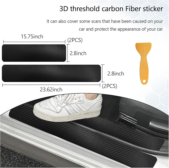 Dickno 4 PCS Car Door Sill Protector, 3D Carbon Fiber Auto Door Entry Edge Guard Protection Trim, Anti-Scratch Threshold Cover Strips, Sill Protection Sticker for Car SUV Truck (Black)