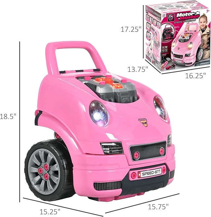 Qaba Truck Engine Toy, Kids Mechanic Set with Lights, Sounds, Steering Wheel and Horn, Pretend Car Service Station Play with 61-Piece Included for Kids Aged 3+, Pink