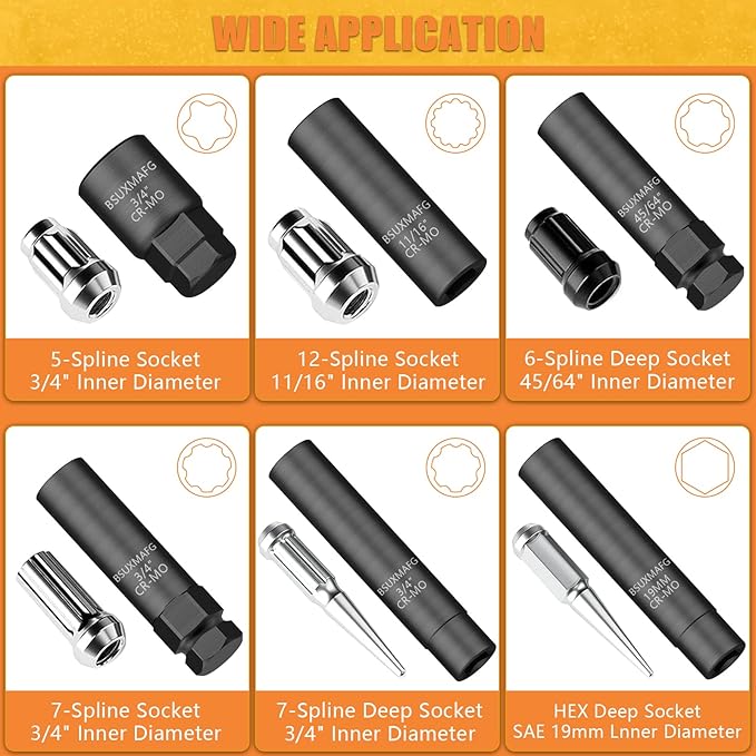 8Pcs Wheel Lock Removal Kit, Locking Lug Nut Master Key Set for Easily Removing Spline and Hex Style Aftermarket Wheel Lug Nuts, 5, 6, 7, 12 Spline and Spike Lug Nut Socket Key