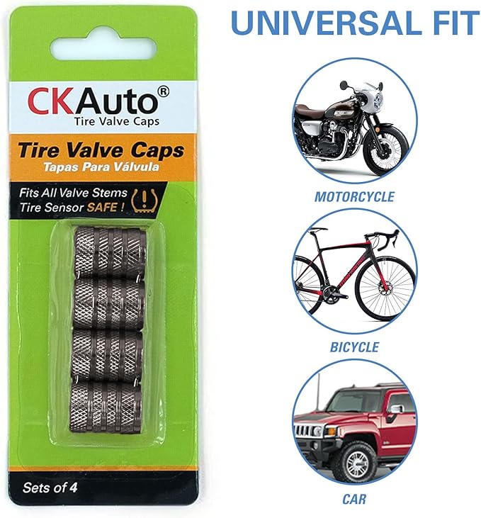 CKAuto Tire Valve Stem Caps, Grey, 4 pcs/Pack, Anodized Aluminum Tire Valve Cap Set, Corrosion Resistant, Universal Stem Covers for Cars Trucks Motorcycles SUVs and Bikes