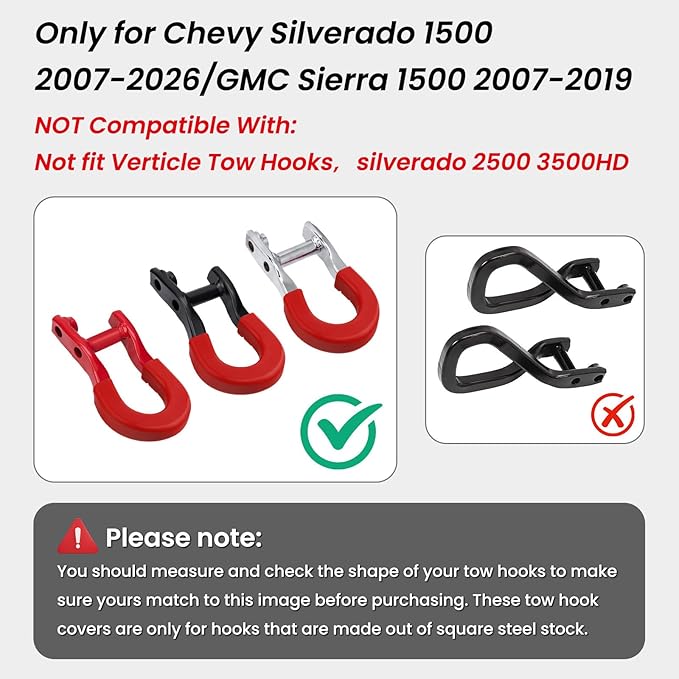 Extended Tow Hook Covers for Silverado 1500 2007-2026/GMC Sierra 1500 2007-2019, Front Tow Hooks Covers Compatible with Chevrolet Silverado 1500 Accessories Red (Not fit Verticle Tow Hooks)
