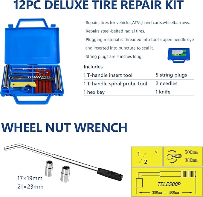 5 Piece Car Truck Floor Jack Service, Hydraulic Trolley Floor Jack & Jack Stands & Tire Repair Kit & L-Wrench for Garage, Automotive Shop, DIY, Lift Range 3.3"-15.2", 2 Ton/4000 LBS Capacity