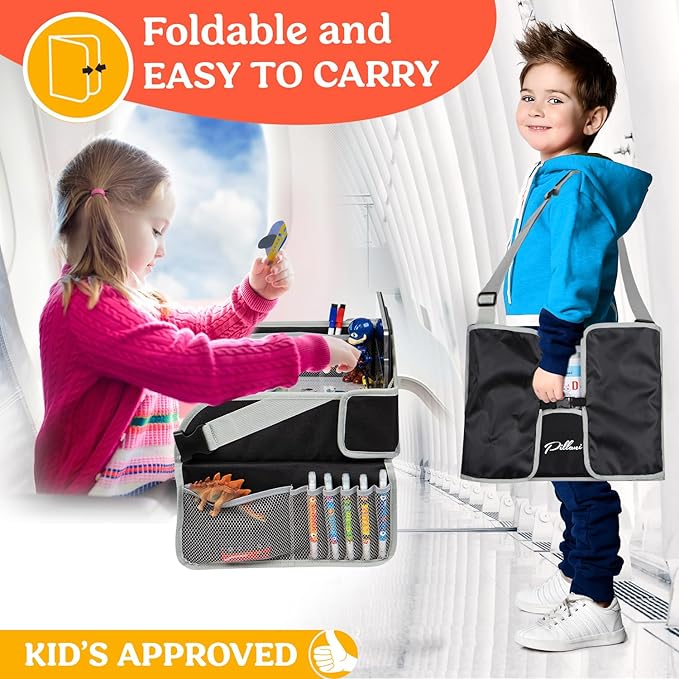 PILLANI Kids Travel Tray for Car - Car Seat Tray with Activity Sheets & Pens, Road Trip Essentials for Car & Airplane, Must Have Toddler Travel Lap Desk Accessories - Road Trip Activities for Kids