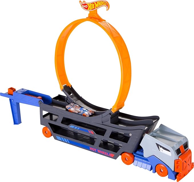 Hot Wheels Transporter Truck Mobile Playset Large Loop Collapsible Launcher Room for 18 Die-Cast 1:16 Vehicles Ages 3 and Up