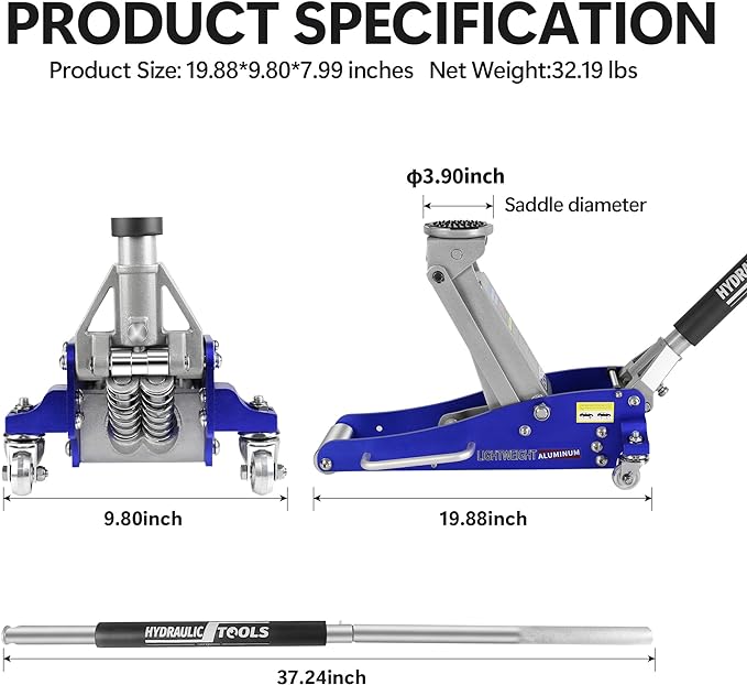 Floor Jack 1.5 Ton Hydraulic Low Profile Aluminum and Steel Car Jack, Lightweight Service Jack with Quick Lift Dual Pump, 3,000 lb Capacity, Lift Range 3.3"-18.5",Blue