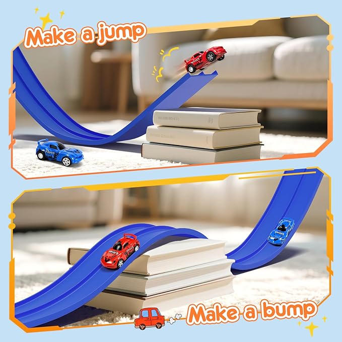 KETIEE Flex Tracks 16Ft for Kids: Flexible Race Car Ramp Track with 2 Small Racecars and 4 Suction Cups Compatible with Diecast 1/64th Cars, Rolls Up Portable Racetrack for Ages 3 & Up