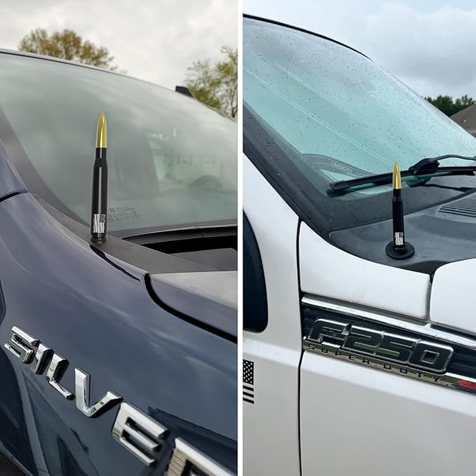 Car Truck Antenna with Tire Valve Caps American Flag Universal Short Replacement for GMC Sierra Chevy Silverado Dodge Ram 1500 2500 3500 Ford F150 F250 F350 Super Duty Raptor Accessories, Gold