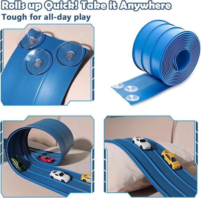 3-Lane Flexible Race Track for Kids 15ft Race Car Track Compatible with Diecast 1/64 Scale Cars, Flexible Car Track Race Ramp Toy with Strong Suction Cups