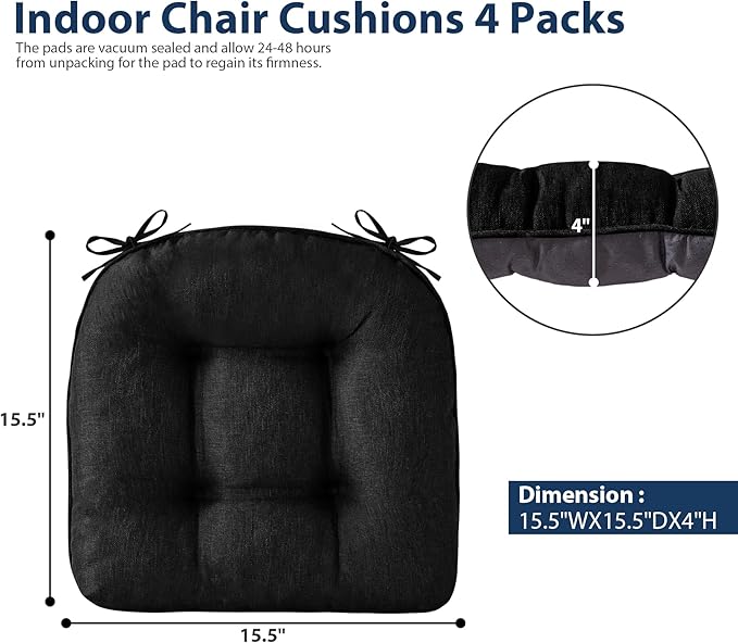 IASEAHK Chair Cushions for Dining Chairs, Seat Cushions for Kitchen Chairs, Indoor Seat Cushions with Ties, Tufted Foam Chair Pads, Non Slip Chair Cushions Set of 4, 15.5" x 15.5" x 4", Black