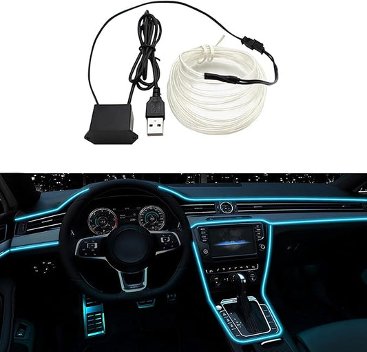 EL Wire Interior Car LED Strip Lights, LEDCARE 16.5FT USB Neon Glowing Strobing Electroluminescent Wire Strip with 6mm Sewing Edge, Ambient Lighting Kits for Car Inside Decoration (Ice Blue)
