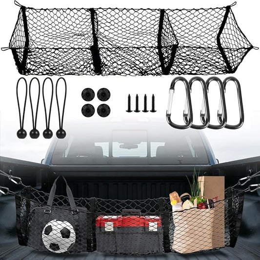 3 Pocket Truck Bed Cargo Net, Heavy Duty Truck Bed Storage Organizer with Super-Stretch Elastic,Universal Cargo Netting for Pickup Trucks SUV RV – Fits Ford F-150 Toyota Tacoma Chevrolet Silverado